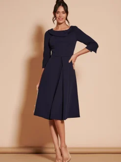 Jolie Moi Navy Blue 3/4 Sleeve Fold Neck Midi Dress