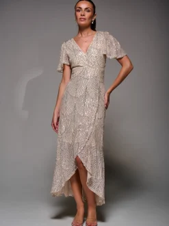 Jolie Moi Nude Sequin Angel Sleeve Ruffle Hem Maxi Dress