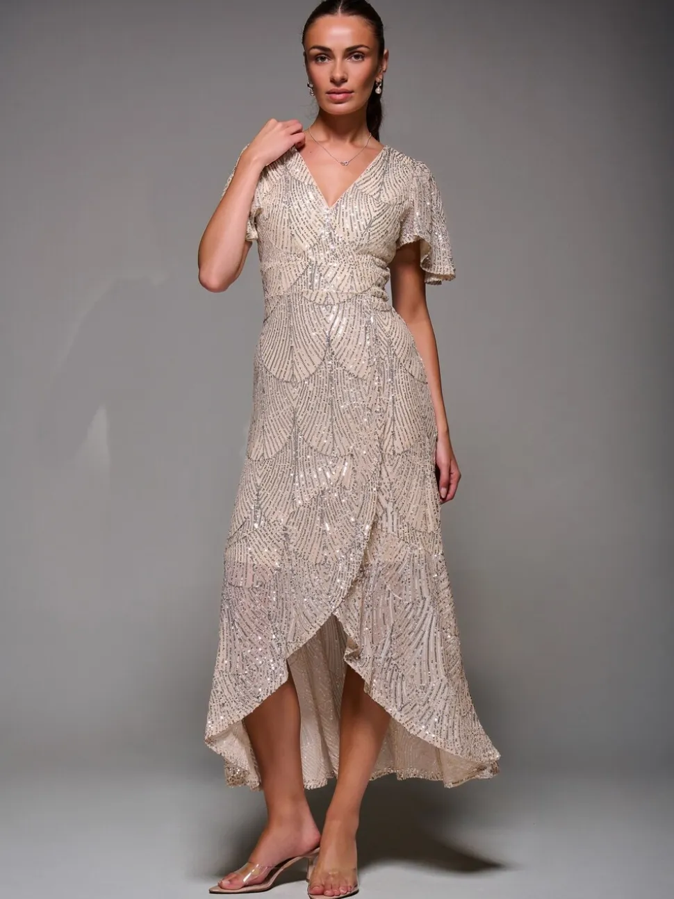 Jolie Moi Nude Sequin Angel Sleeve Ruffle Hem Maxi Dress