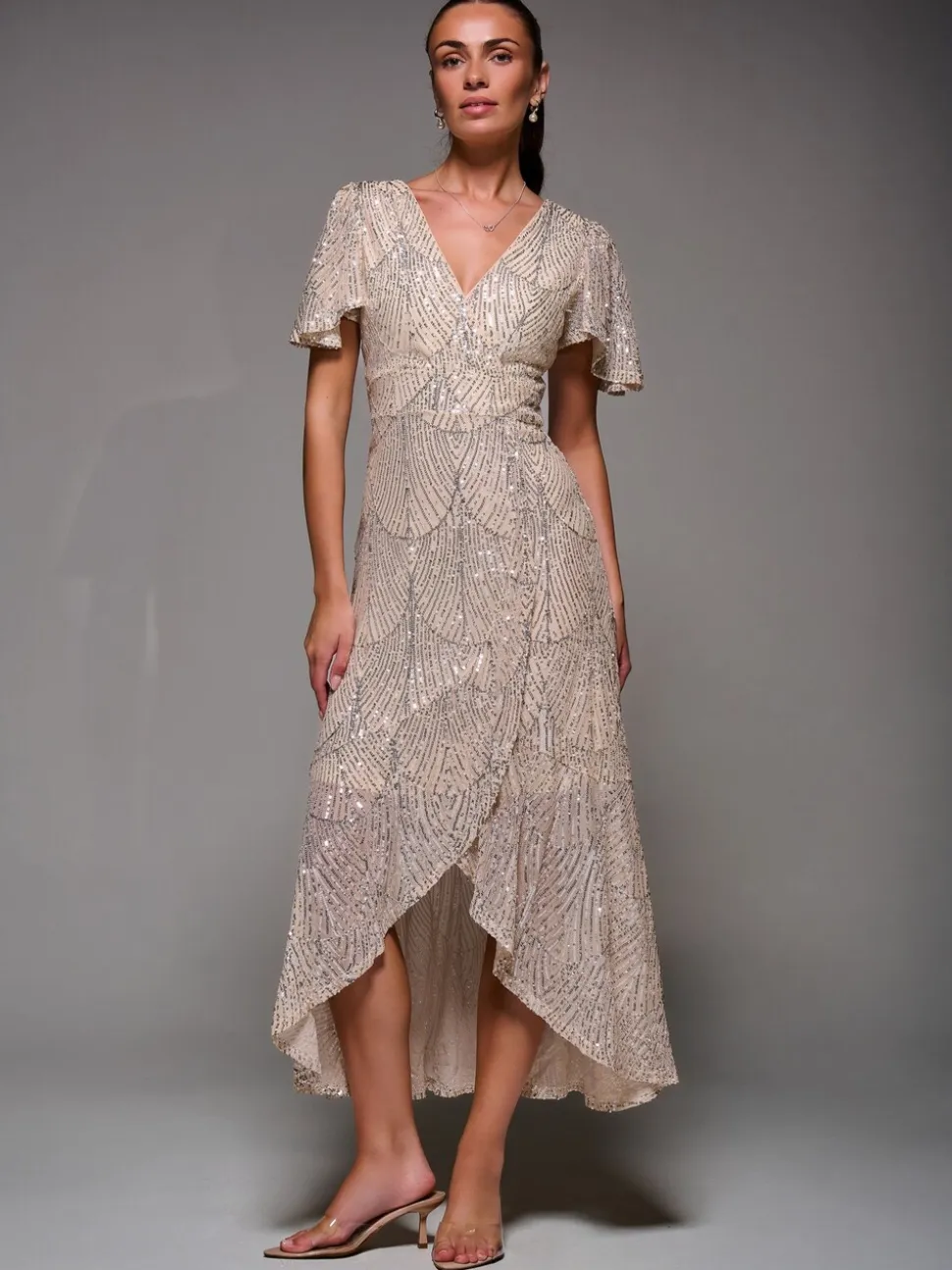 Jolie Moi Nude Sequin Angel Sleeve Ruffle Hem Maxi Dress