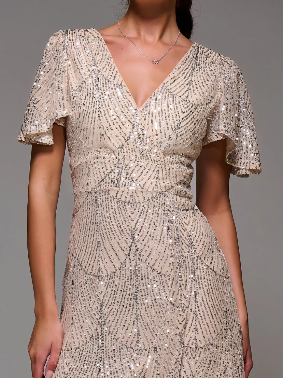 Jolie Moi Nude Sequin Angel Sleeve Ruffle Hem Maxi Dress
