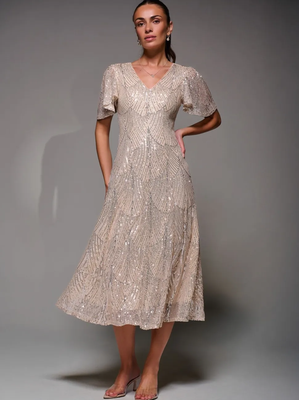 Jolie Moi Nude Sequin Angel Sleeve Fit & Flare Midaxi Dress
