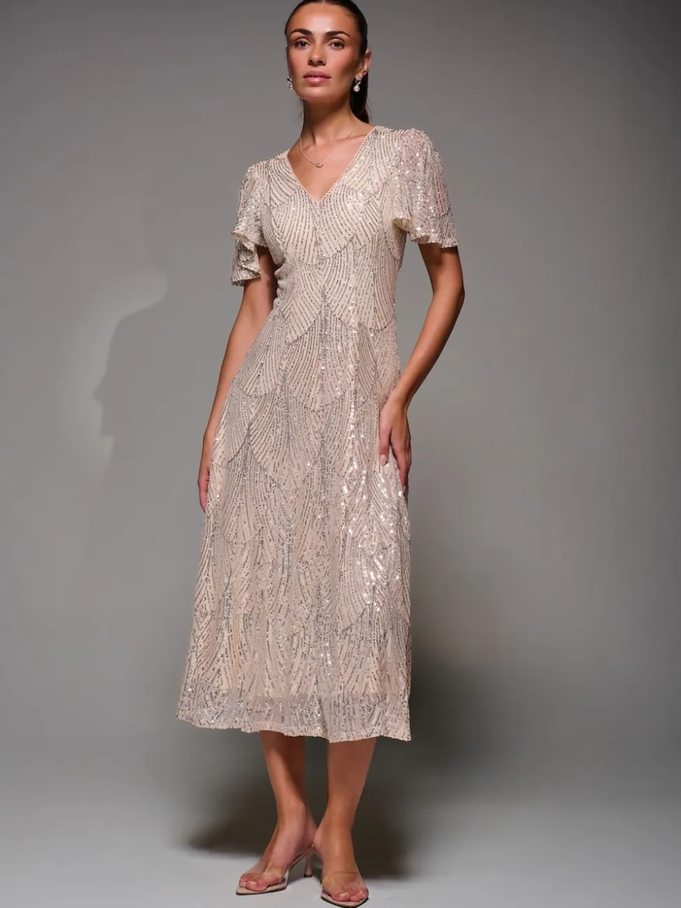 Jolie Moi Nude Sequin Angel Sleeve Fit & Flare Midaxi Dress