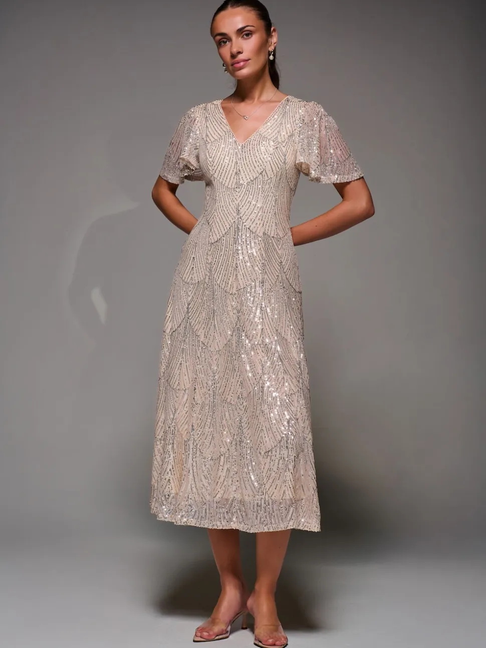 Jolie Moi Nude Sequin Angel Sleeve Fit & Flare Midaxi Dress