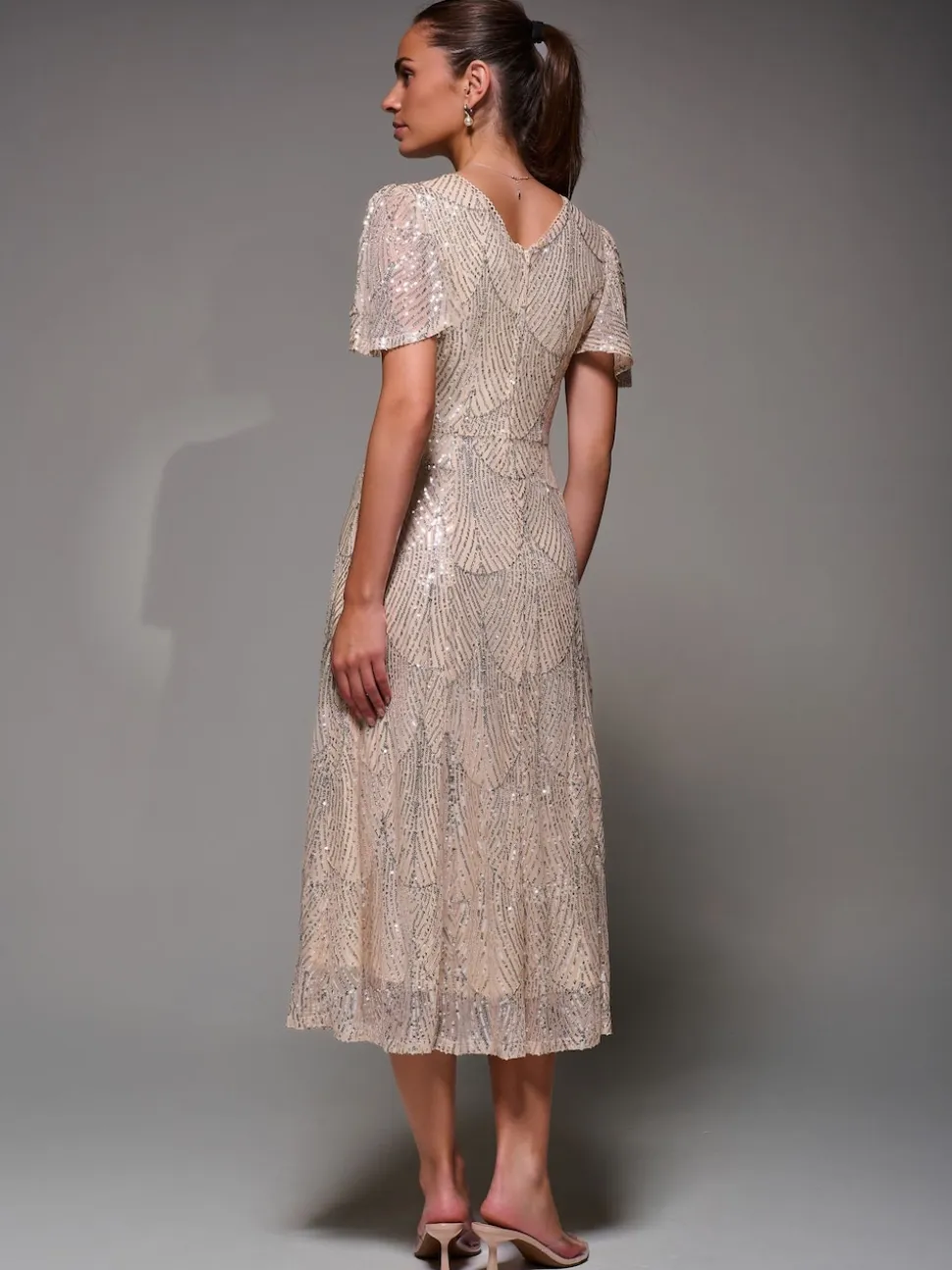 Jolie Moi Nude Sequin Angel Sleeve Fit & Flare Midaxi Dress