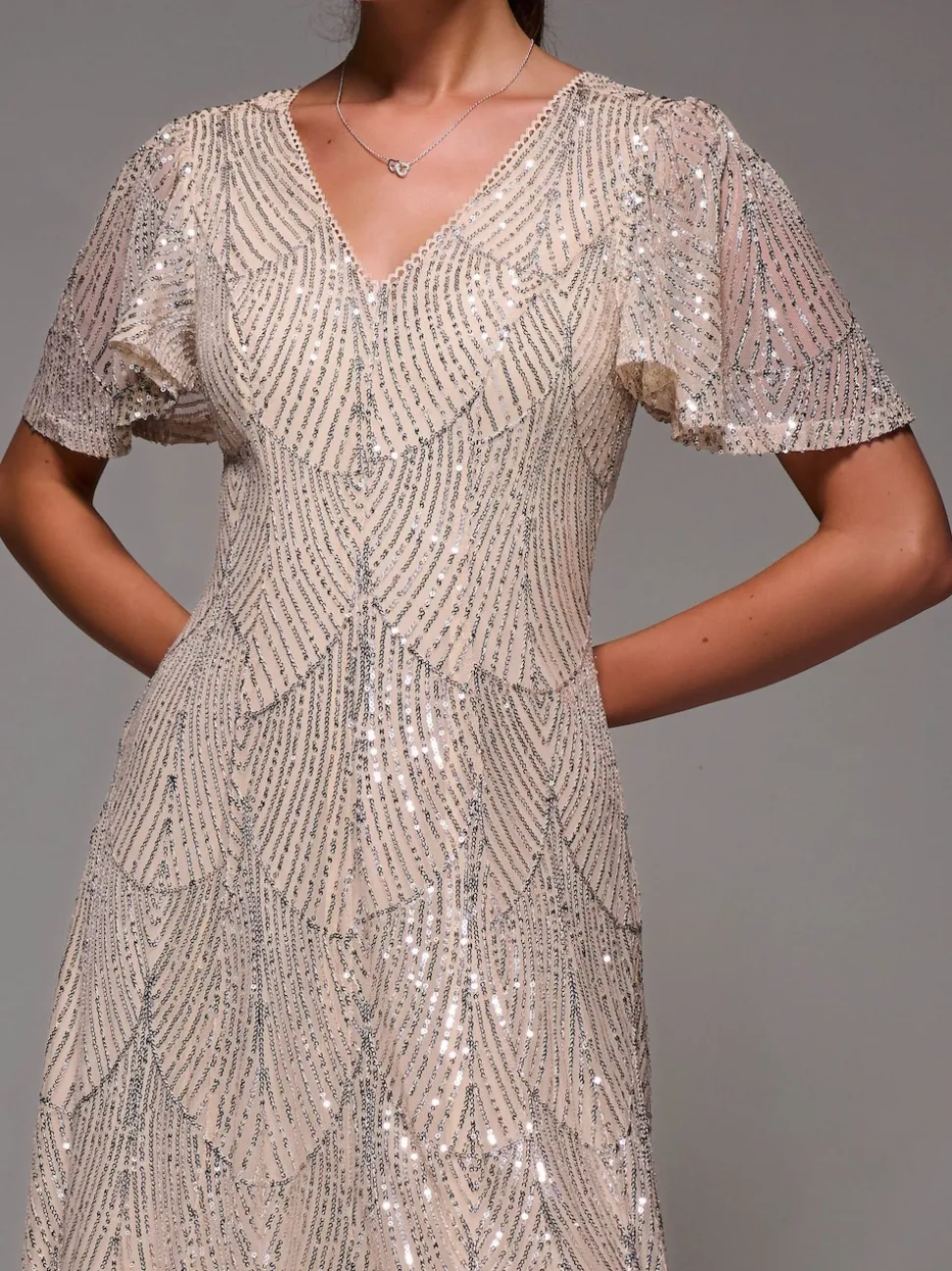 Jolie Moi Nude Sequin Angel Sleeve Fit & Flare Midaxi Dress