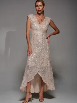 Jolie Moi Nude Sequin Asymmetric Ruffle Hem Maxi Dress