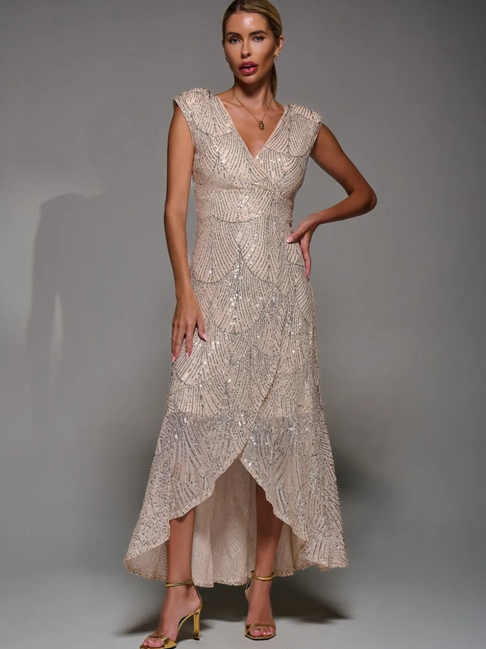 Jolie Moi Nude Sequin Asymmetric Ruffle Hem Maxi Dress