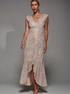 Jolie Moi Nude Sequin Asymmetric Ruffle Hem Maxi Dress