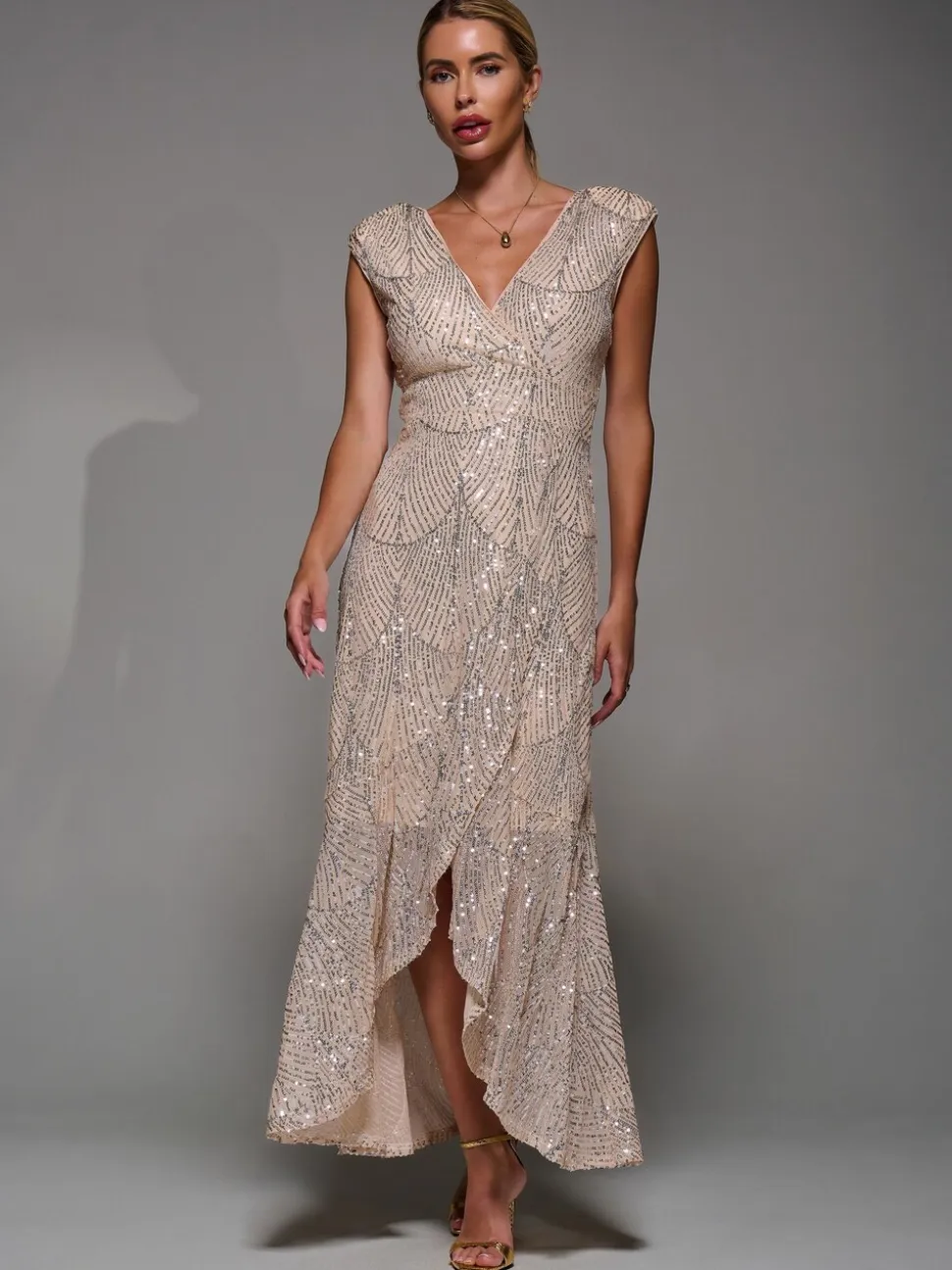Jolie Moi Nude Sequin Asymmetric Ruffle Hem Maxi Dress