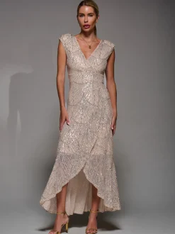 Jolie Moi Nude Sequin Asymmetric Ruffle Hem Maxi Dress