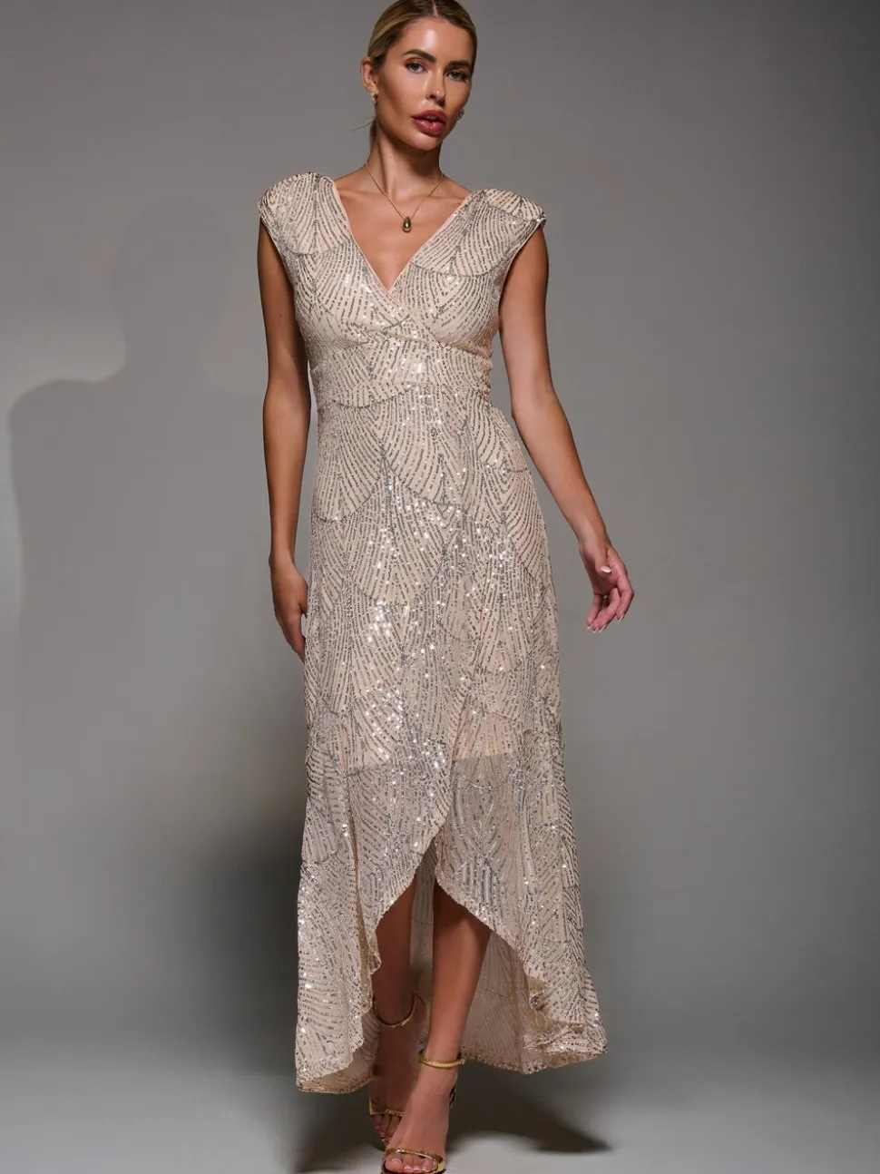 Jolie Moi Nude Sequin Asymmetric Ruffle Hem Maxi Dress