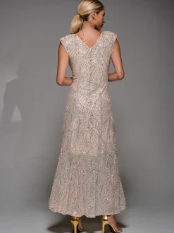 Jolie Moi Nude Sequin Asymmetric Ruffle Hem Maxi Dress