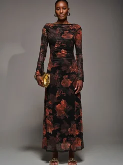 Jolie Moi Orange Long Sleeve Slash Neck Maxi Dress