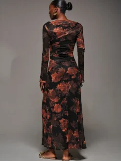 Jolie Moi Orange Long Sleeve Slash Neck Maxi Dress