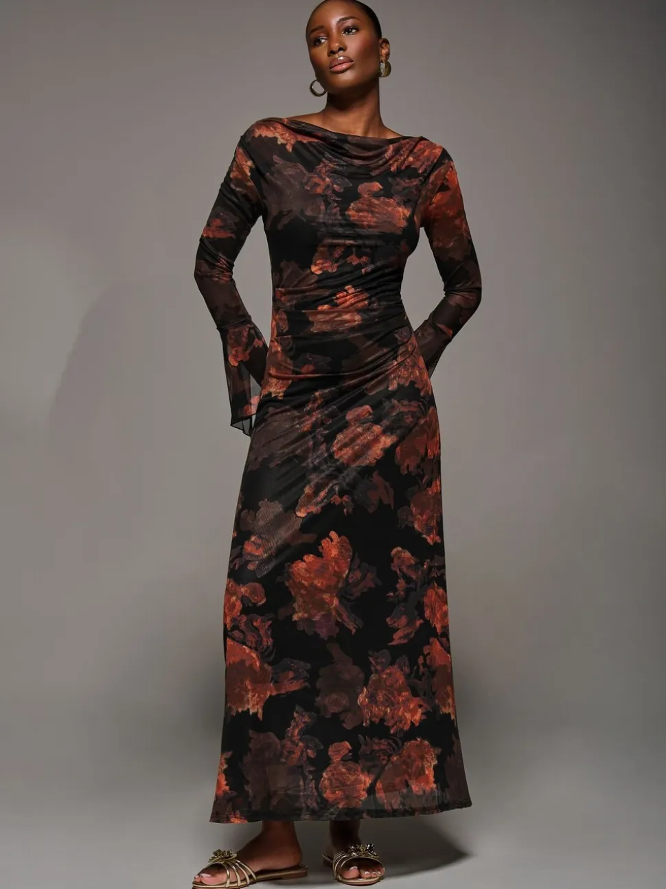 Jolie Moi Orange Long Sleeve Slash Neck Maxi Dress
