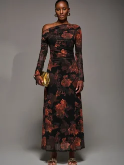 Jolie Moi Orange Long Sleeve Slash Neck Maxi Dress