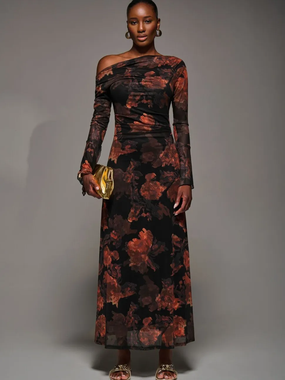 Jolie Moi Orange Long Sleeve Slash Neck Maxi Dress