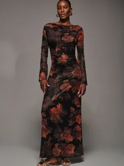 Jolie Moi Orange Long Sleeve Slash Neck Maxi Dress