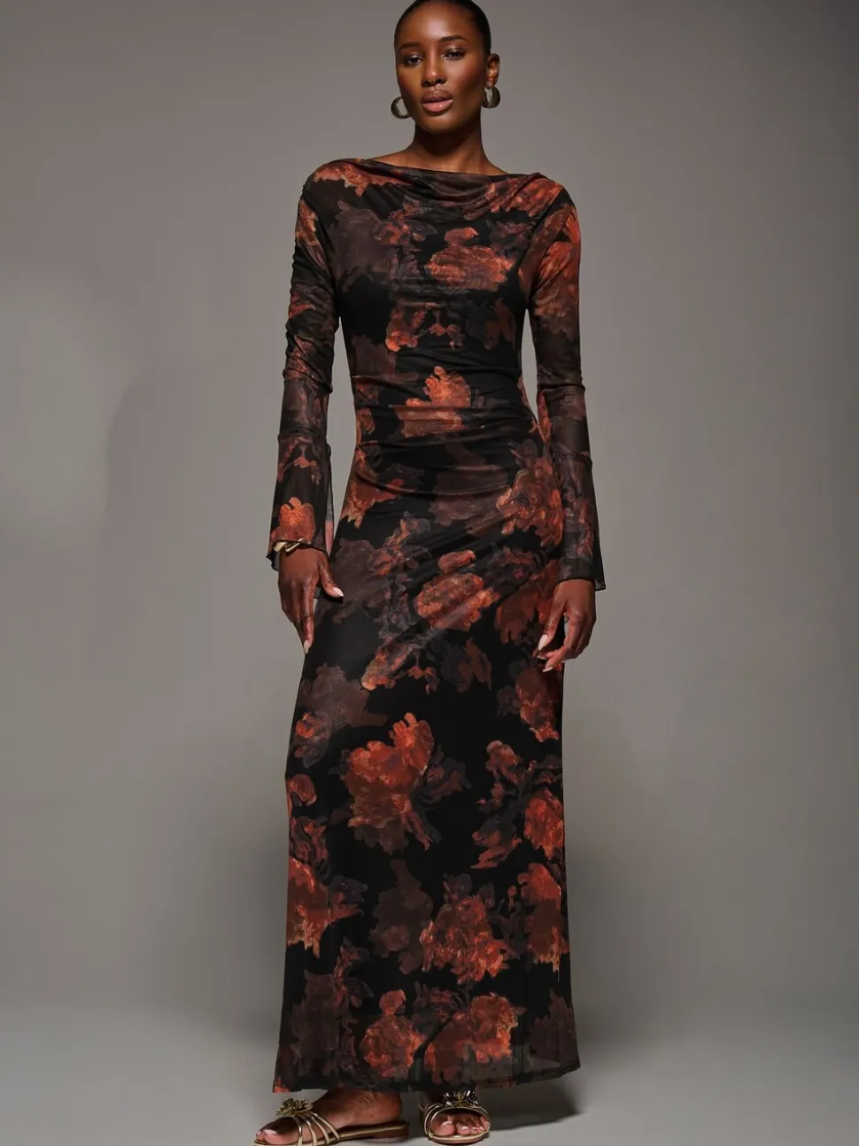 Jolie Moi Orange Long Sleeve Slash Neck Maxi Dress