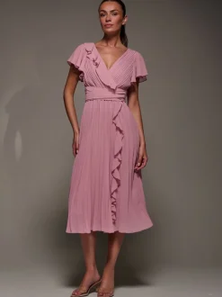 Jolie Moi Pink Chiffon Pleated Ruffle Midi Dress