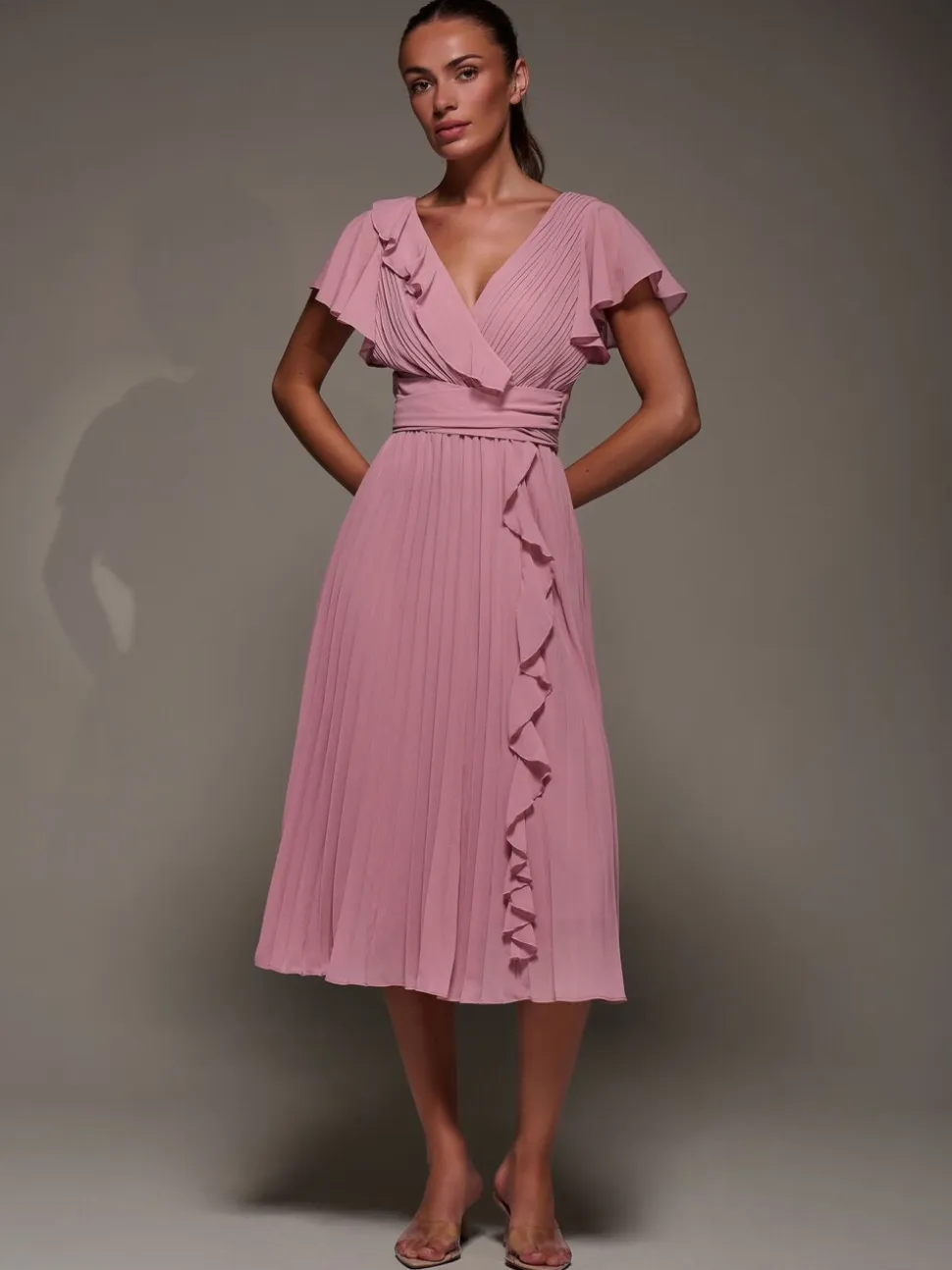 Jolie Moi Pink Chiffon Pleated Ruffle Midi Dress