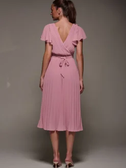Jolie Moi Pink Chiffon Pleated Ruffle Midi Dress