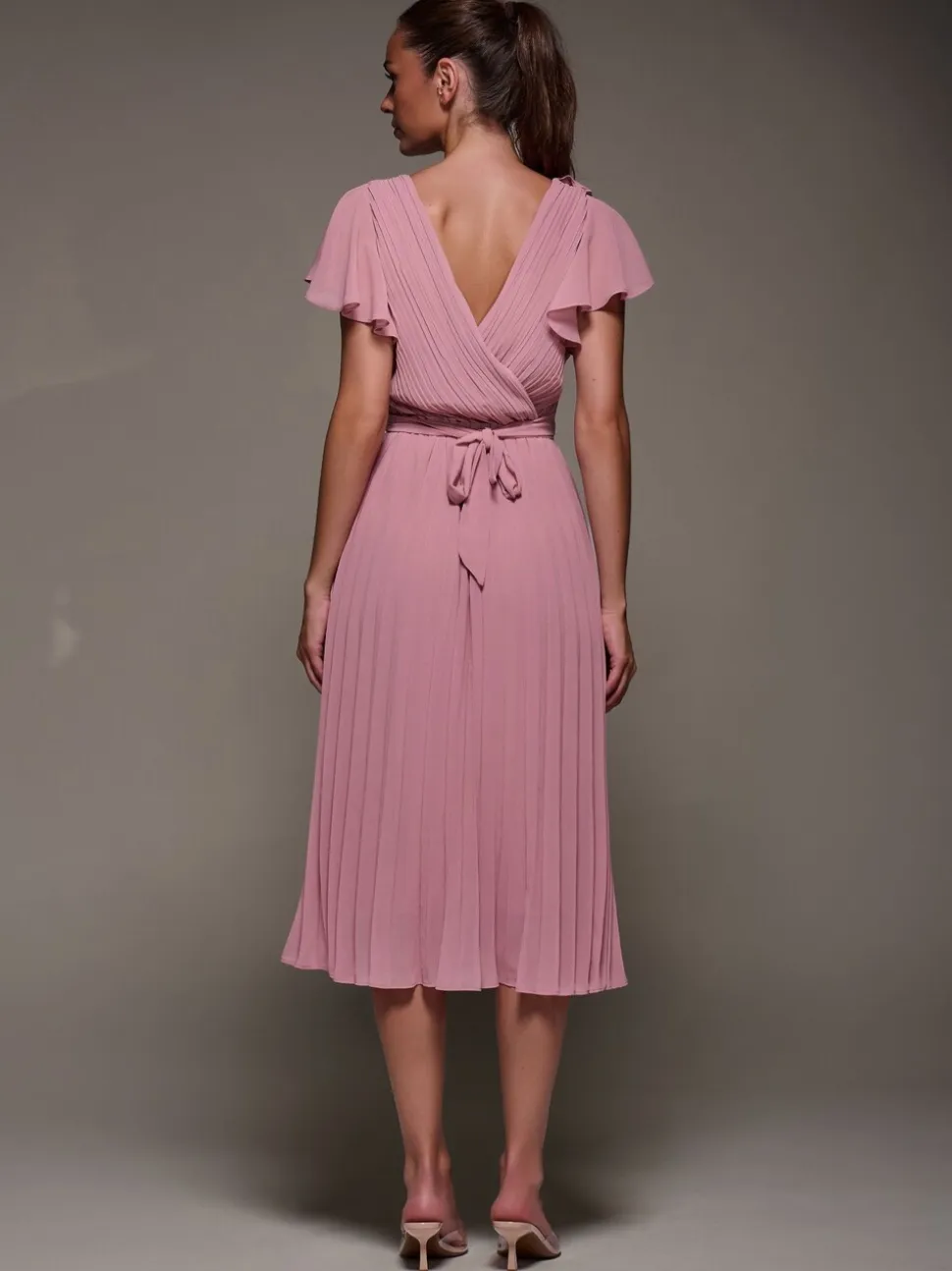 Jolie Moi Pink Chiffon Pleated Ruffle Midi Dress