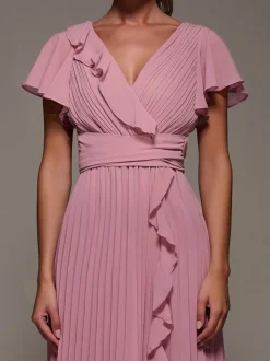 Jolie Moi Pink Chiffon Pleated Ruffle Midi Dress