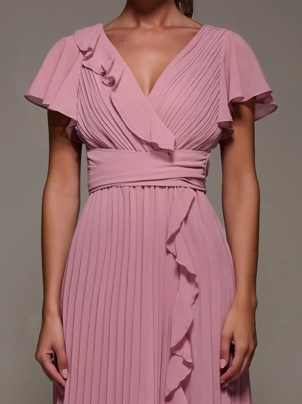 Jolie Moi Pink Chiffon Pleated Ruffle Midi Dress