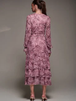Jolie Moi Pink Long Sleeve Frill Detail Mesh Maxi Dress
