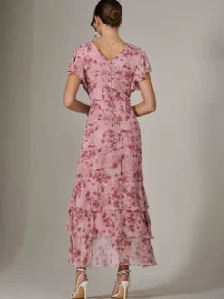 Jolie Moi Pink Printed Wrap Ruffle Maxi Dress