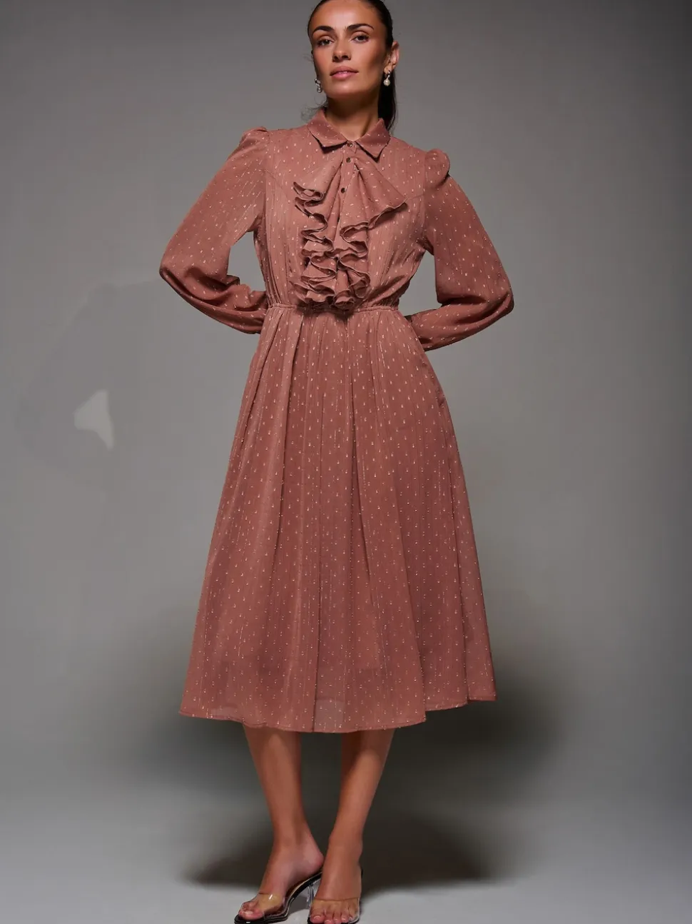 Jolie Moi Pink Textured Chiffon Ruffle Shirt Dress