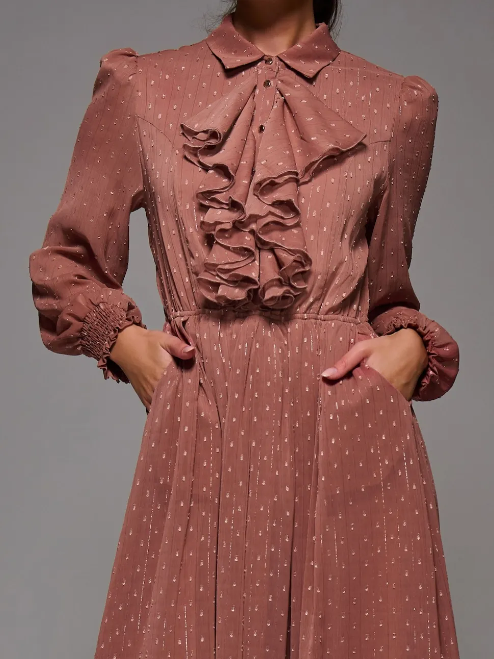 Jolie Moi Pink Textured Chiffon Ruffle Shirt Dress