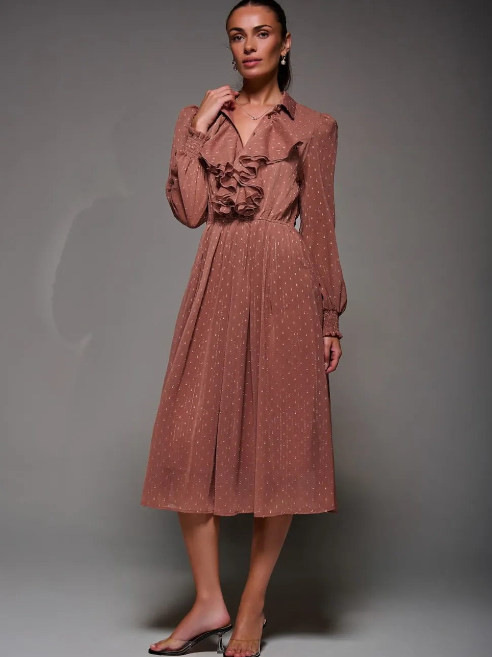 Jolie Moi Pink Textured Chiffon Ruffle Shirt Dress