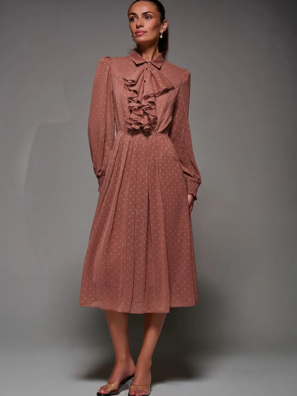 Jolie Moi Pink Textured Chiffon Ruffle Shirt Dress