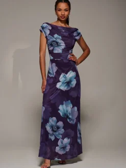 Jolie Moi Purple Asymmetric Neck Mesh Maxi Dress
