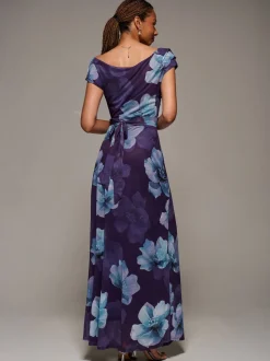 Jolie Moi Purple Asymmetric Neck Mesh Maxi Dress