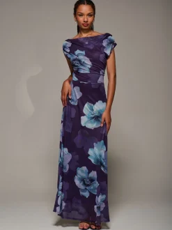 Jolie Moi Purple Asymmetric Neck Mesh Maxi Dress