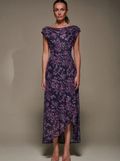 Jolie Moi Purple Asymmetric Draped Mesh Maxi Dress