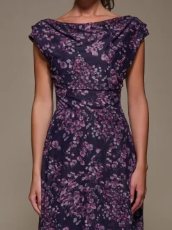 Jolie Moi Purple Asymmetric Draped Mesh Maxi Dress
