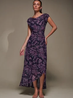 Jolie Moi Purple Asymmetric Draped Mesh Maxi Dress