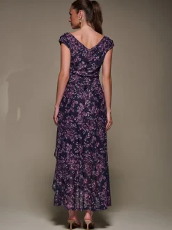 Jolie Moi Purple Asymmetric Draped Mesh Maxi Dress