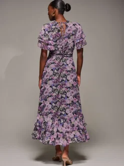 Jolie Moi Purple Chiffon Layered Sleeve Ruffle Dress