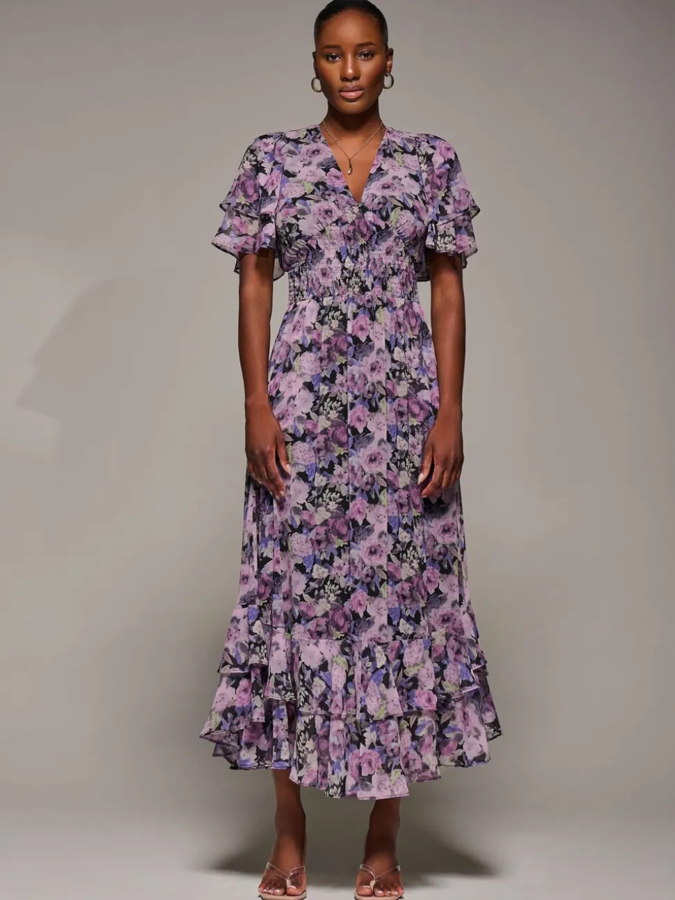Jolie Moi Purple Chiffon Layered Sleeve Ruffle Dress