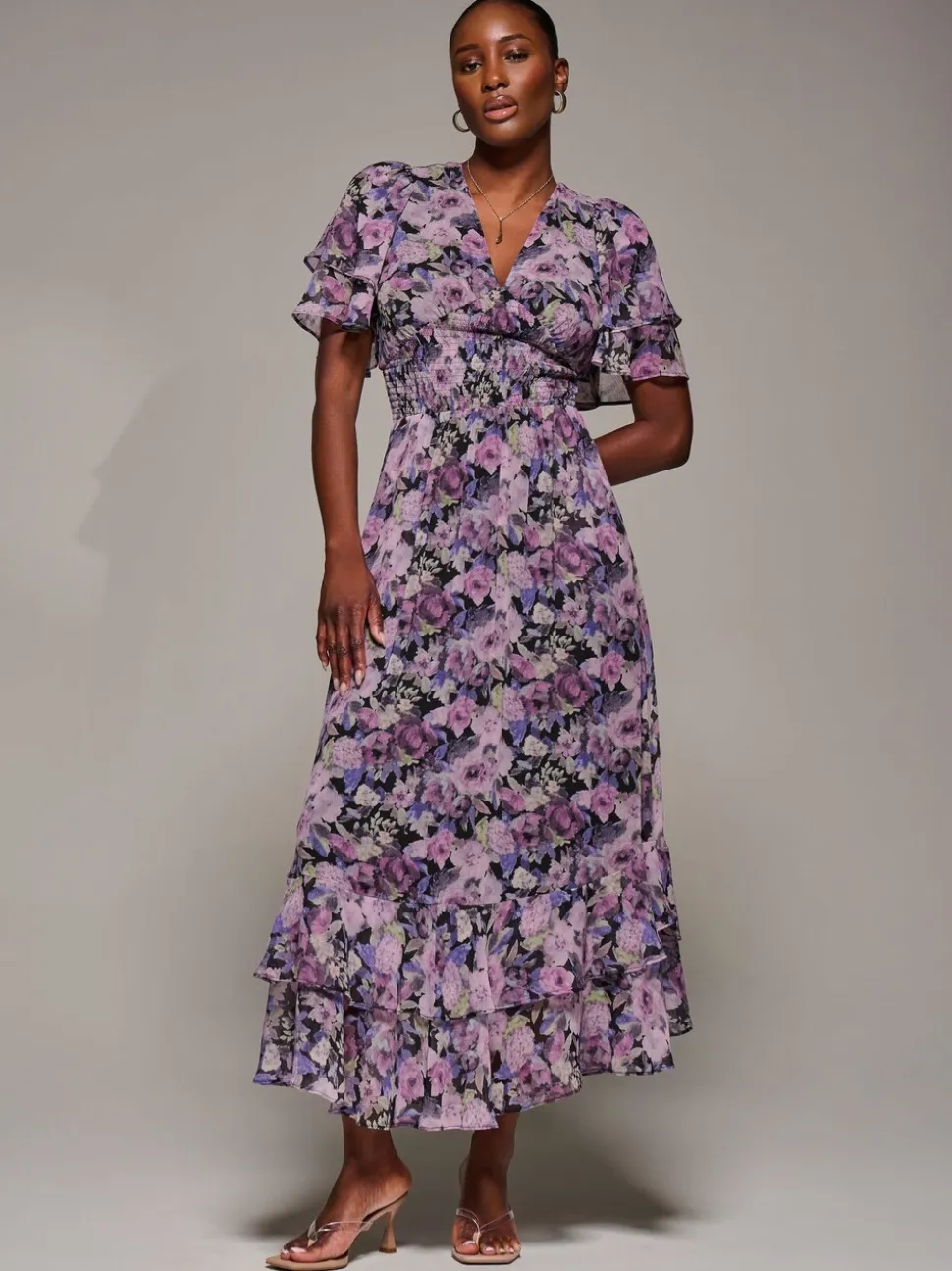 Jolie Moi Purple Chiffon Layered Sleeve Ruffle Dress