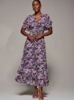 Jolie Moi Purple Chiffon Layered Sleeve Ruffle Dress