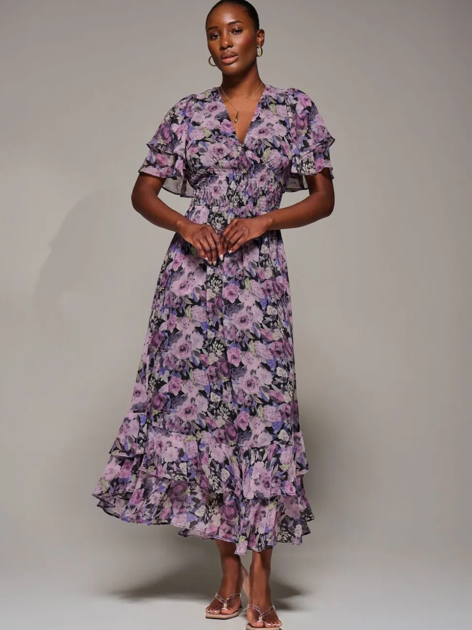Jolie Moi Purple Chiffon Layered Sleeve Ruffle Dress