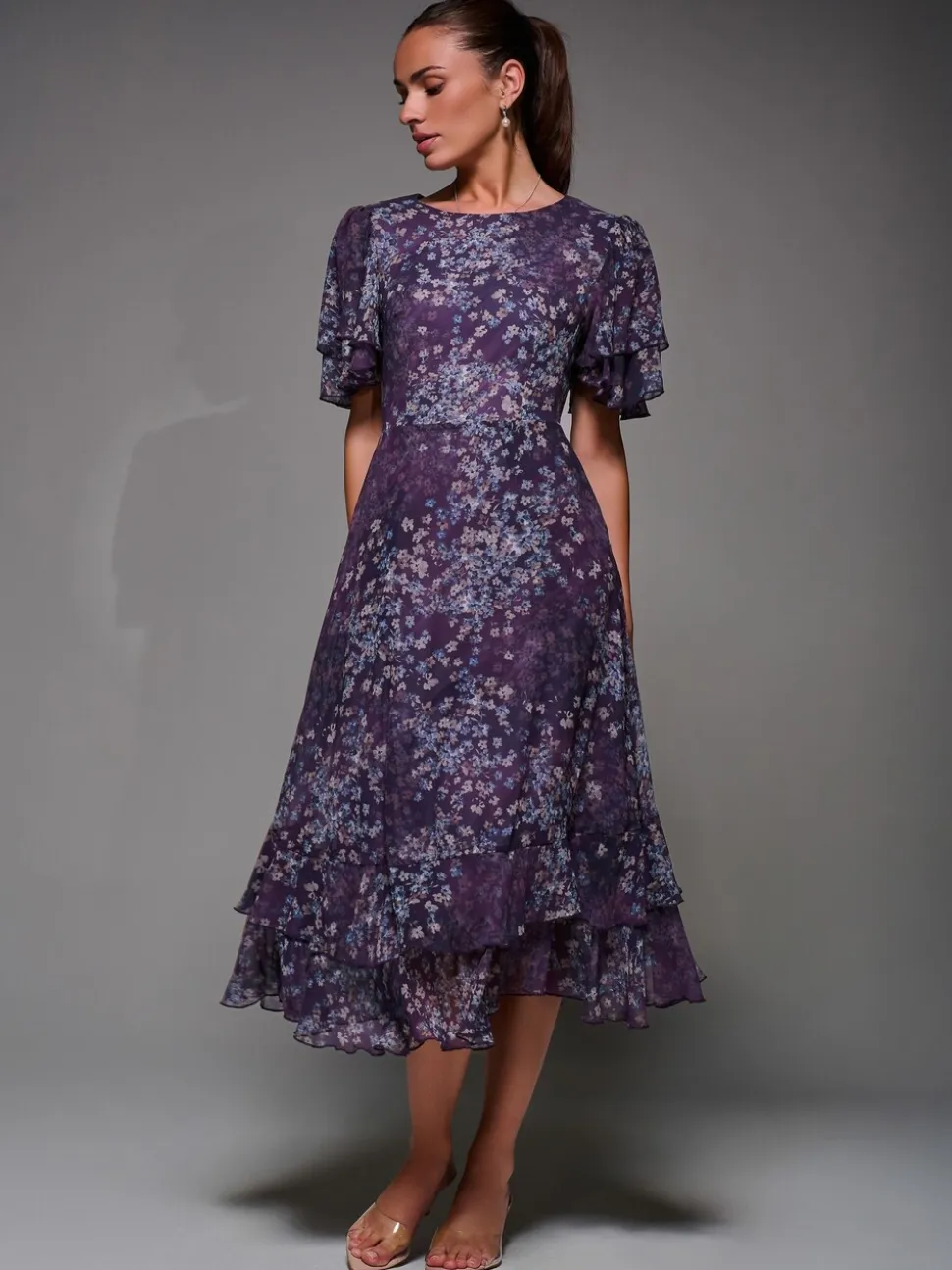 Jolie Moi Purple Frill Detail Chiffon Midaxi Dress