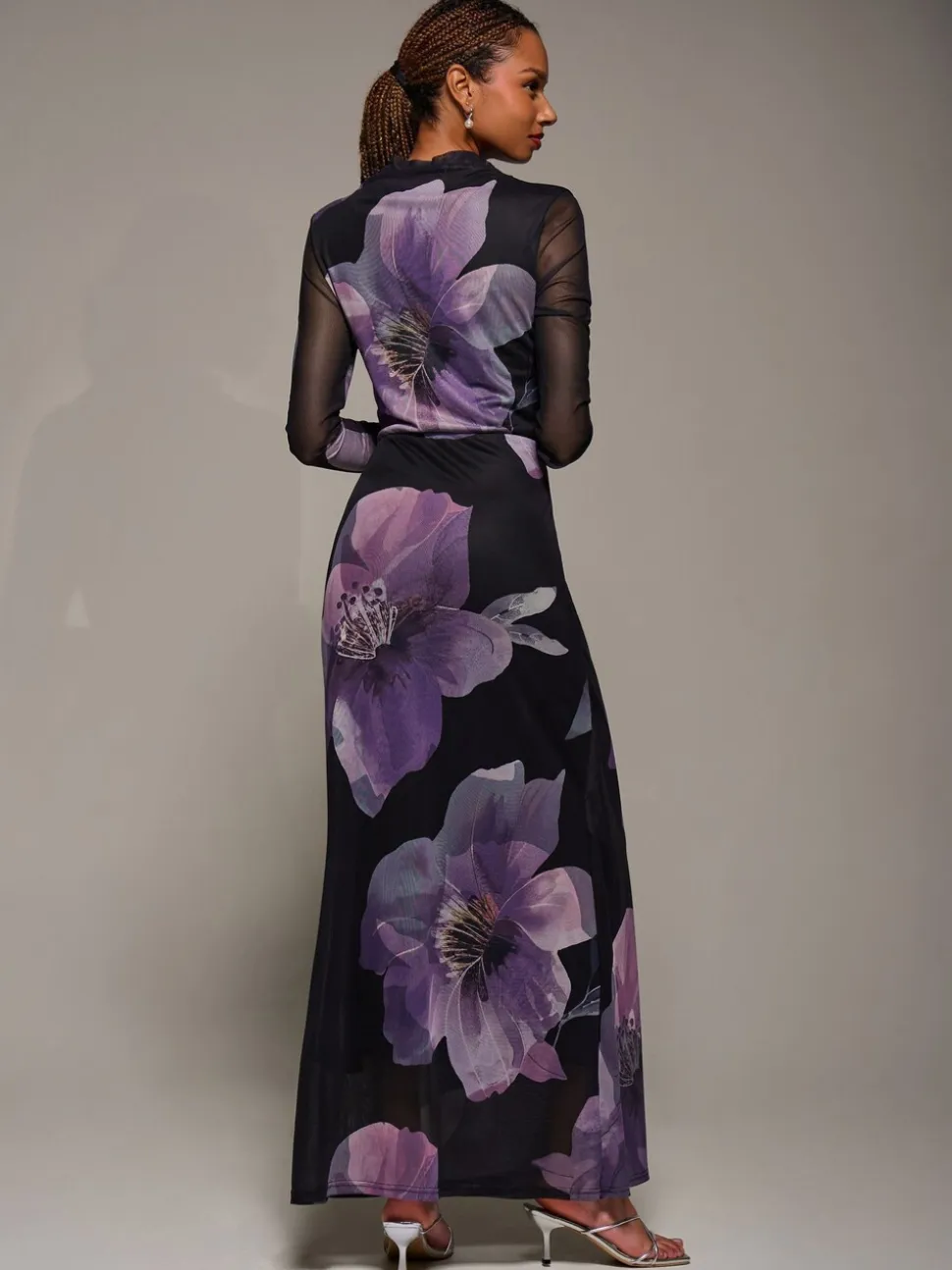 Jolie Moi Purple High Neck Long Sleeve Mesh Maxi Dress